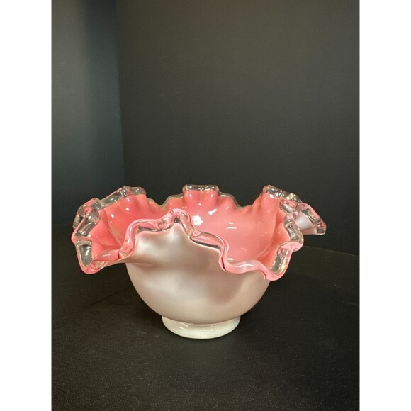 Vintage Pink Opalescent Ruffled Edge Art Glass Bowl Vase 6.75" x 3.5" - Picture 3 of 8